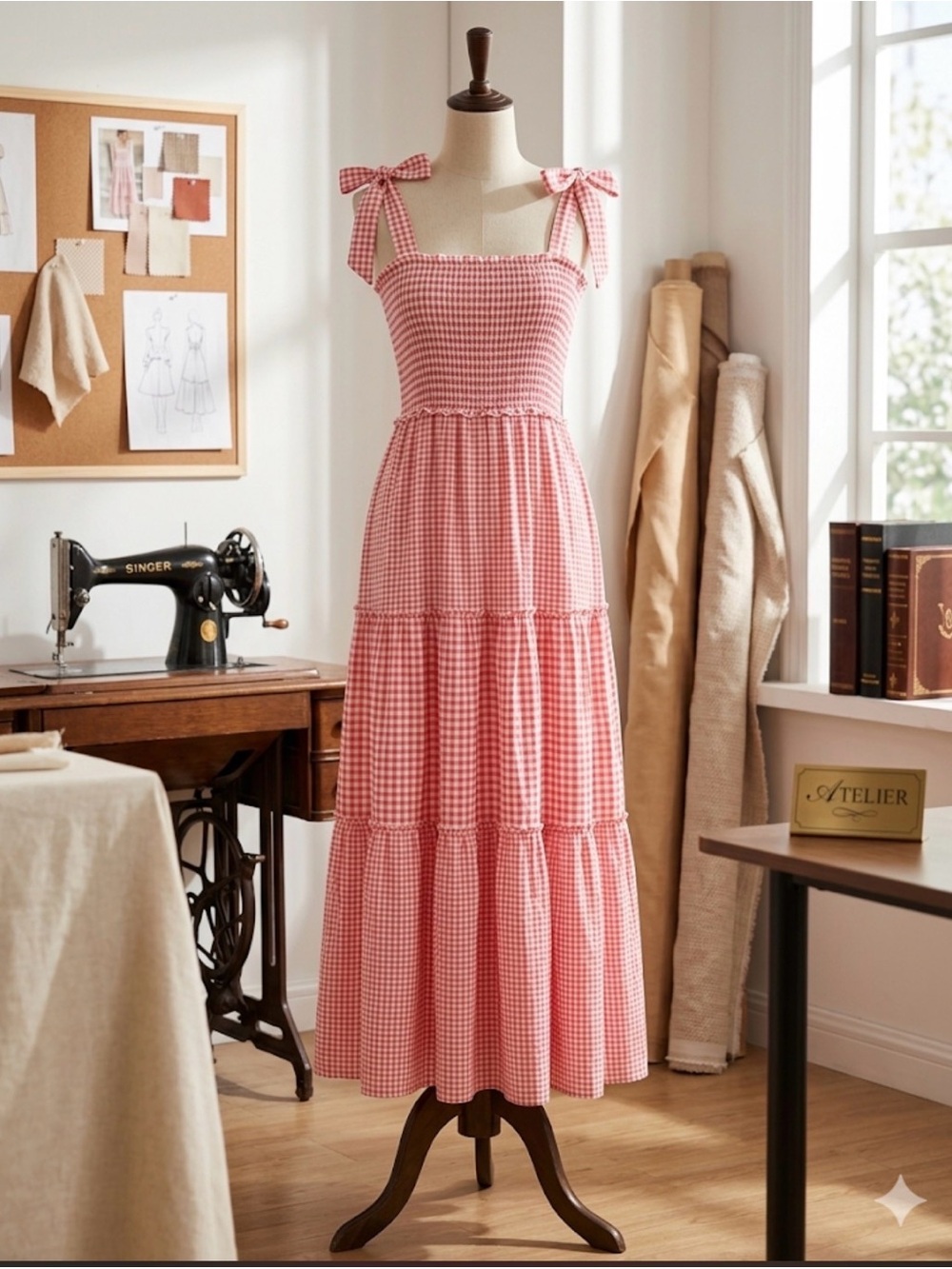 BeBop Pink Gingham Tiered Maxi Dress with Tie Straps